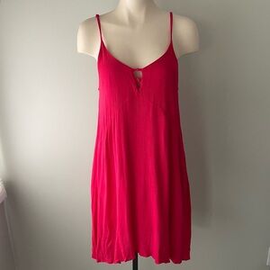 Roxy Crepe Keyhole Mini Tank Slip Dress Crinkle Babydoll Raspberry Hot Pink
